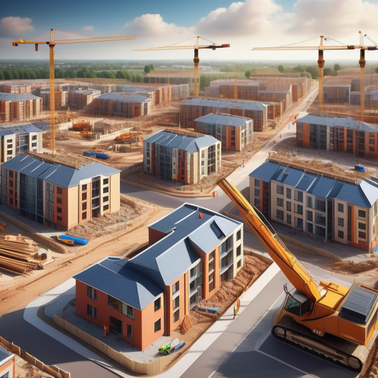 Digital illustration of cranes and workers on a dynamic house construction site under a bright sky.