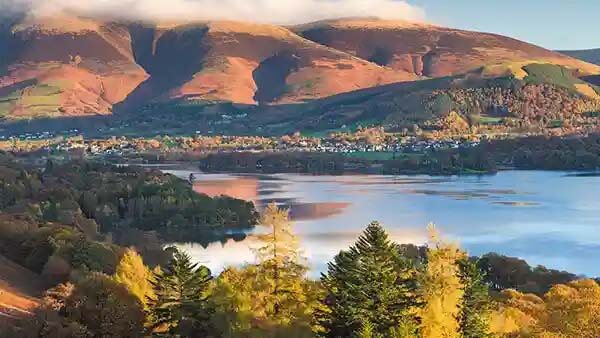 Scenic view of forests and lakes of the lake district in cumbria