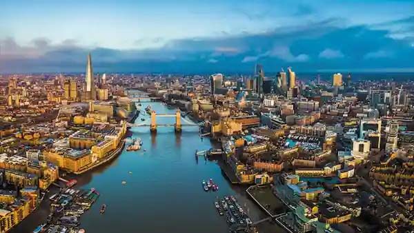 Aerial view of the city of london showing tower bridge and all of the landmarks